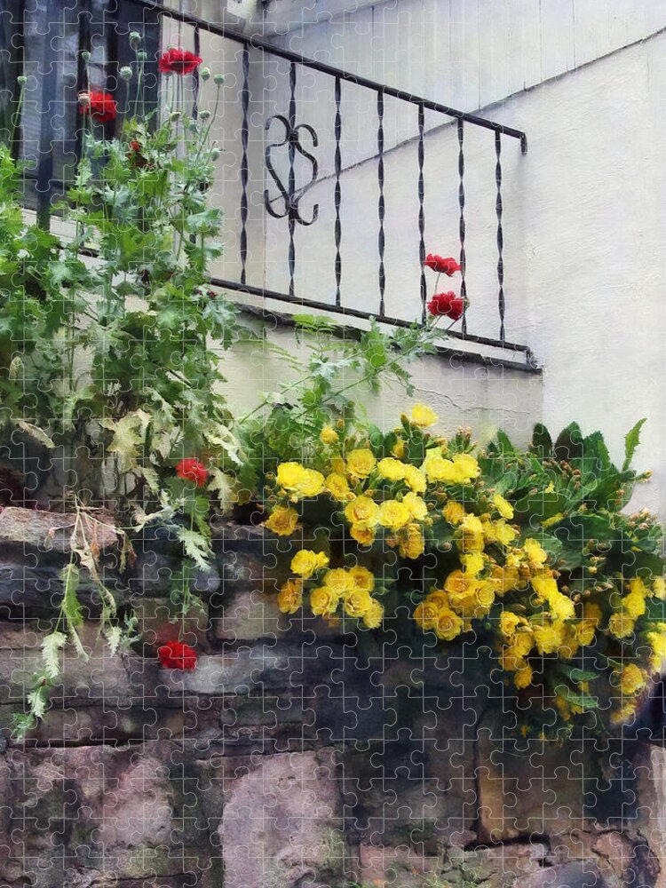 Geranium Jigsaw Puzzle featuring the photograph Planter With Yellow Flowering Cactus by Susan Savad