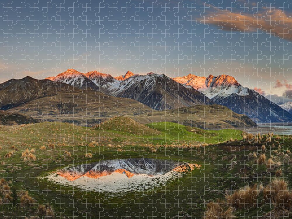 00486211 Jigsaw Puzzle featuring the photograph Reishek Mountains At Dawn In Rakaia by Colin Monteath
