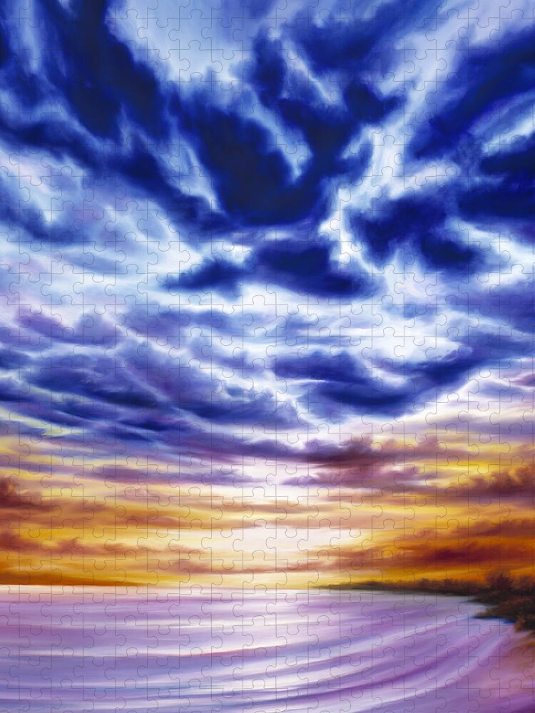 Sunrise; Sunset; Power; Glory; Cloudscape; Skyscape; Purple; Red; Blue; Stunning; Landscape; James C. Hill; James Christopher Hill; Jameshillgallery.com; Ocean; Lakes; Sky; Contemporary; Yellow; Ocean; River; Water Jigsaw Puzzle featuring the painting Rise by James Hill