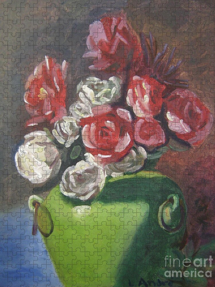 Floral Jigsaw Puzzle featuring the painting Roses and Green Vase by Lilibeth Andre