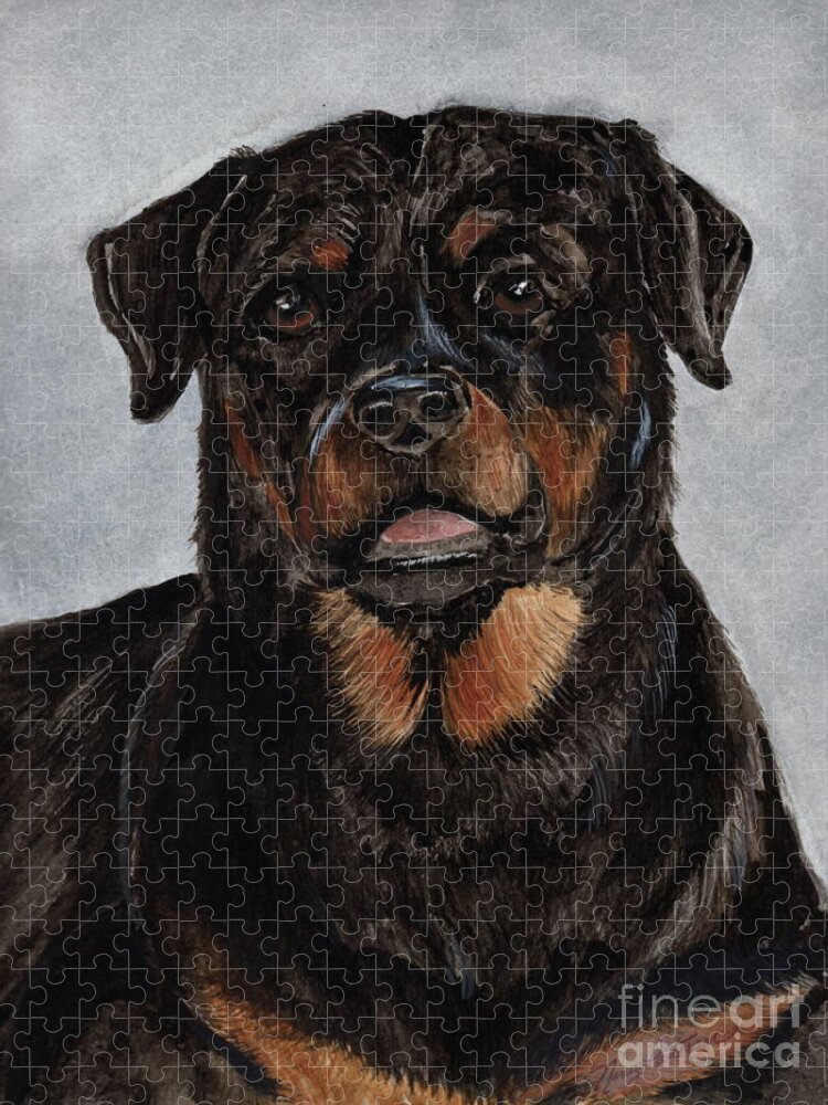 Rottweiler Dog Jigsaw Puzzle featuring the painting Rottweiler by Nancy Patterson