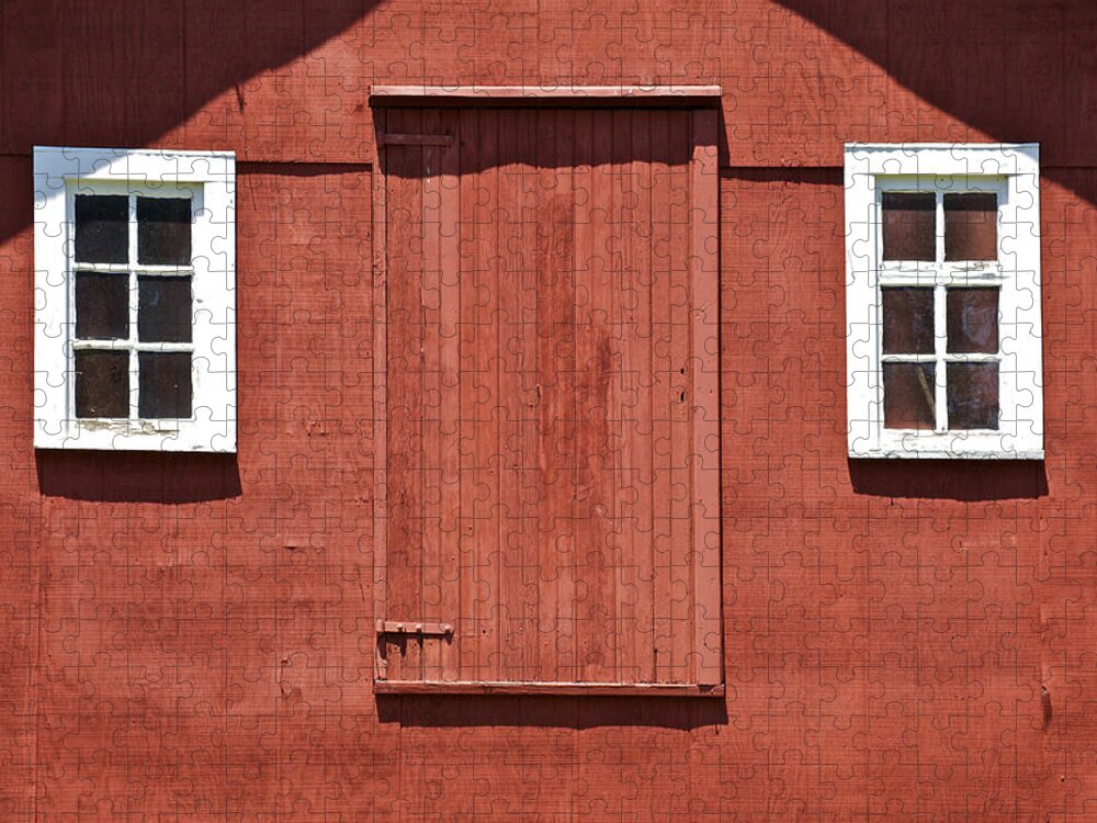 Americana Jigsaw Puzzle featuring the photograph Rustic Red Barn Door with Two White Wood Windows by David Letts