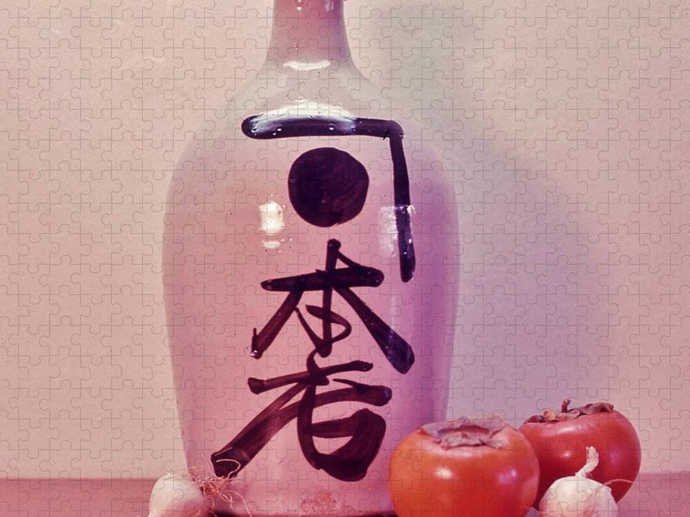 Still Life Jigsaw Puzzle featuring the photograph Sake jug with Persimmon and Garlic by Craig Wood
