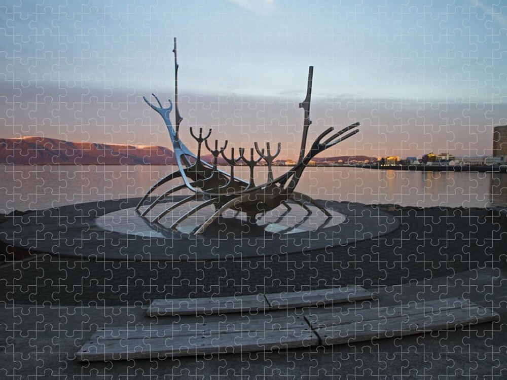 Solfar Jigsaw Puzzle featuring the photograph Silver ship sculpture at dusk by Sven Brogren