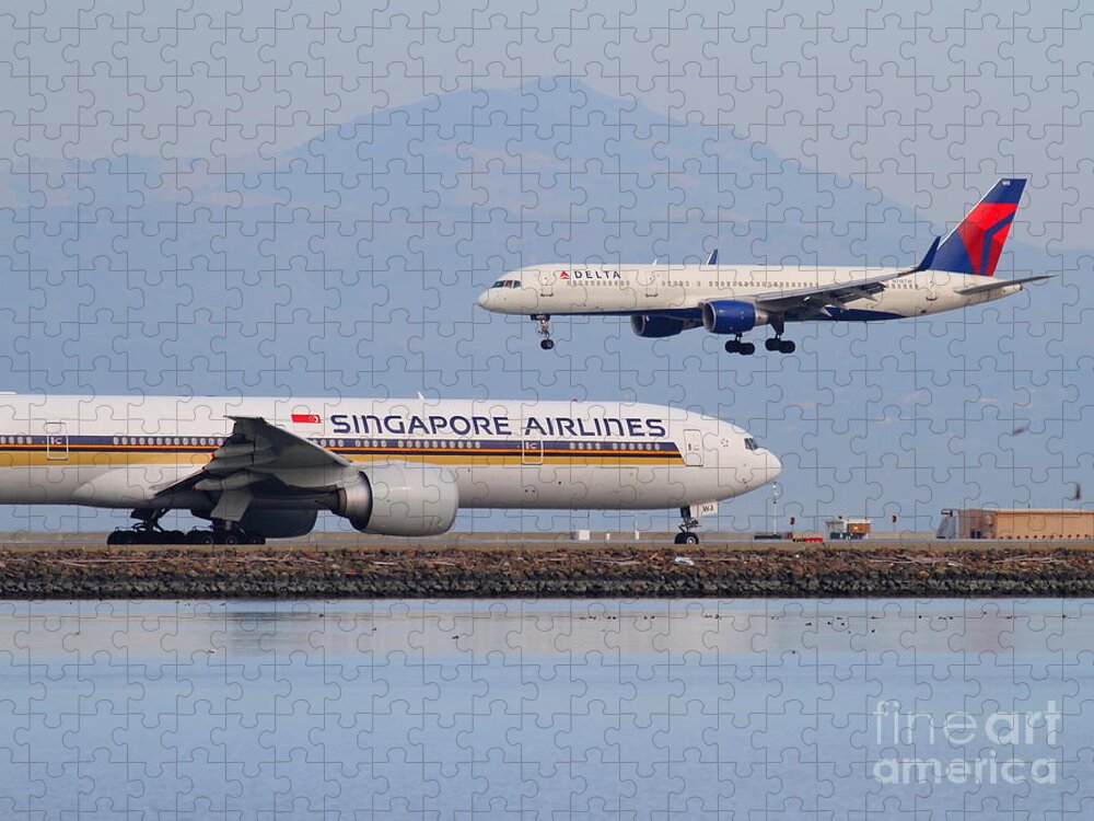 Airplane Jigsaw Puzzle featuring the photograph Singapore Airlines And Delta Airlines Jet Airplane At San Francisco International Airport SFO by Wingsdomain Art and Photography