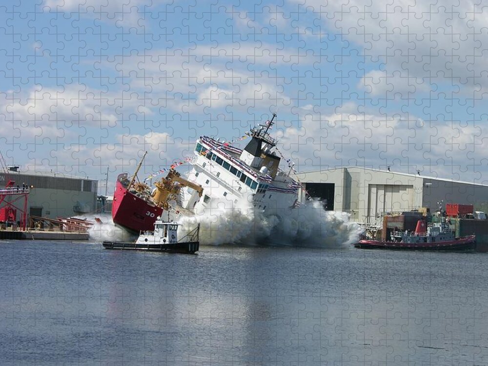 Mackinaw Jigsaw Puzzle featuring the photograph Splash launch of the Coast Guard Cutter Mackinaw by Keith Stokes