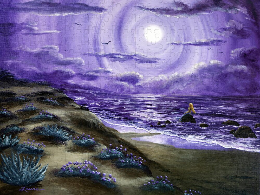 Seascape Jigsaw Puzzle featuring the painting Spying a Mermaid from Flowering Sand Dunes by Laura Iverson