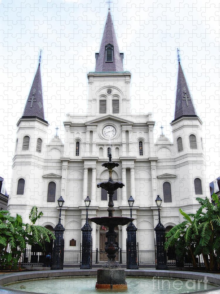 Jackson Square Jigsaw Puzzle featuring the digital art St Louis Cathedral and Fountain Jackson Square French Quarter New Orleans Diffuse Glow Digital Art by Shawn O'Brien