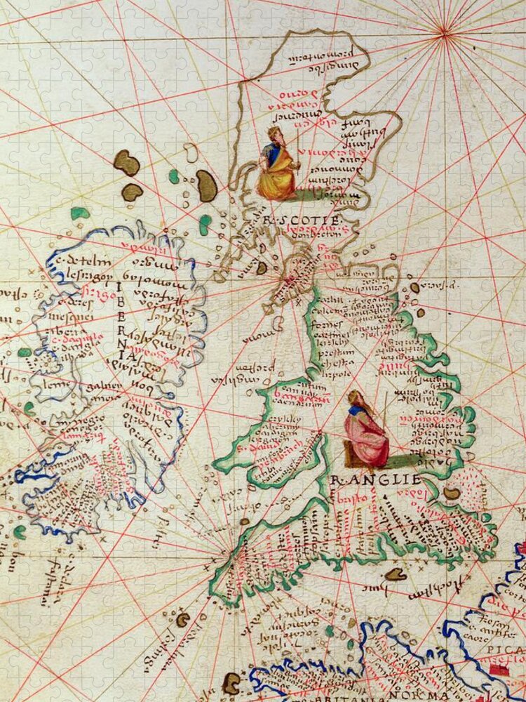 Maps Jigsaw Puzzle featuring the drawing The Kingdoms of England and Scotland by Battista Agnese