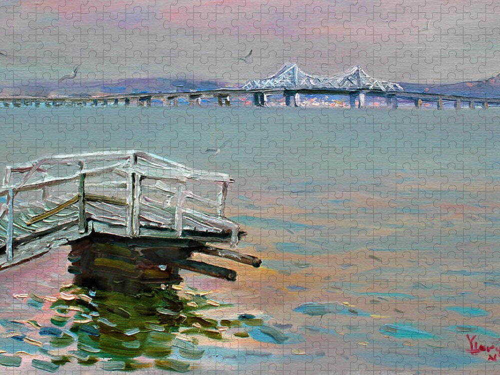 Deck Jigsaw Puzzle featuring the painting The Old Deck and Tappan Zee Bridge by Ylli Haruni