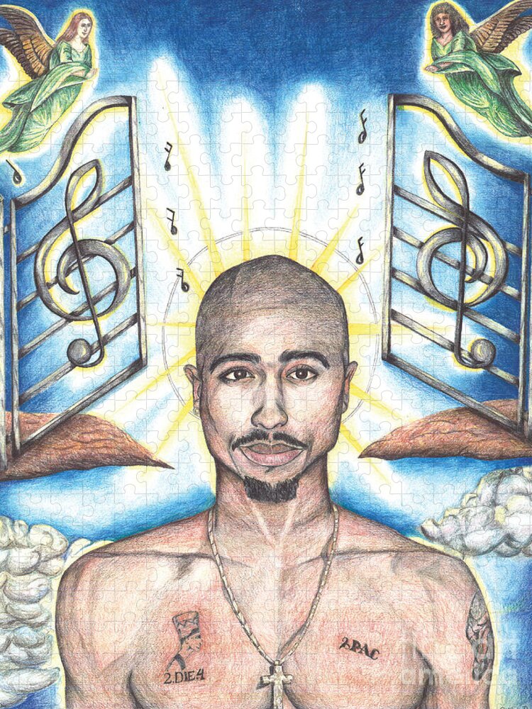 Tupac Jigsaw Puzzle featuring the drawing Tupac in Heaven by Debbie DeWitt