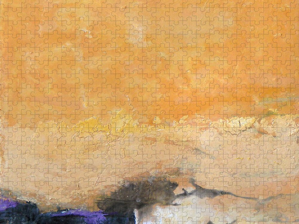 Abstract Jigsaw Puzzle featuring the painting Untitled Abstract - amber peach with violet by Kathleen Grace