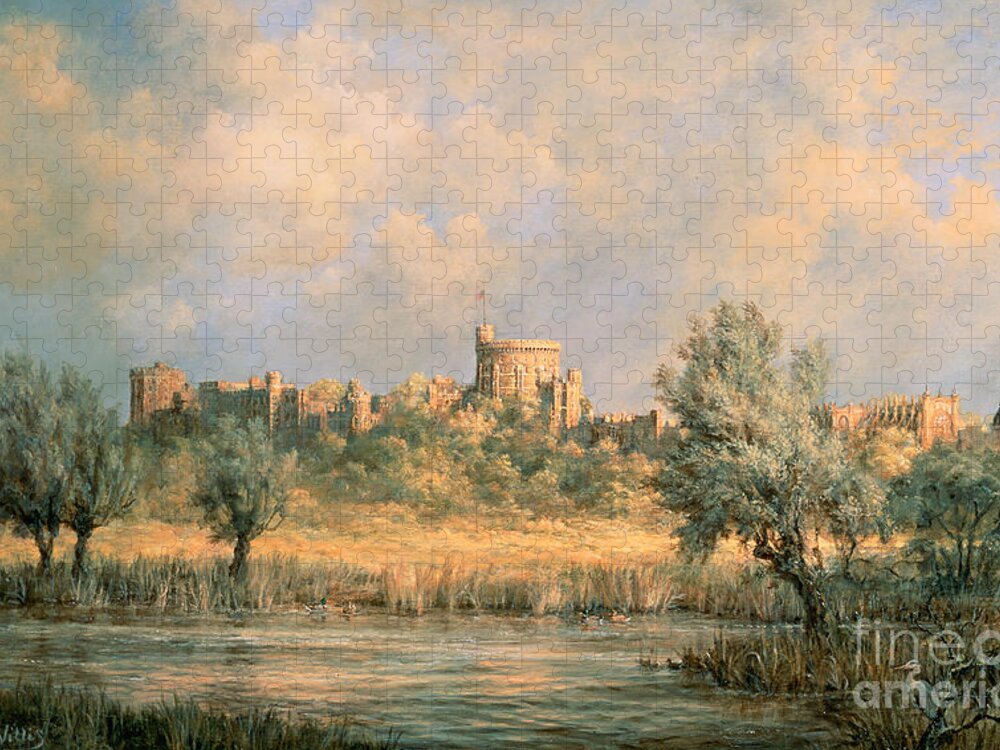 Landscape; Windsor Castle; Castle; River; Thames; Water; Tree;trees;bush; Bushes; Grass; Grassy; Green; Cloud; Cloudy; Tree; Trees; Bird; Sitting; Flag;england Jigsaw Puzzle featuring the painting Windsor Castle from the River Thames by Richard Willis
