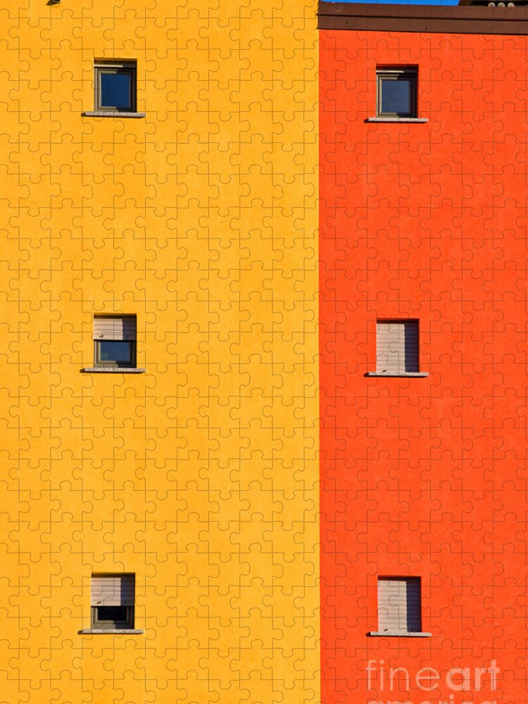 Architecture Jigsaw Puzzle featuring the photograph Yellow Orange Blue with windows by Silvia Ganora