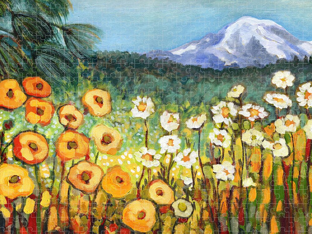 Rainier Jigsaw Puzzle featuring the painting A Mountain View by Jennifer Lommers