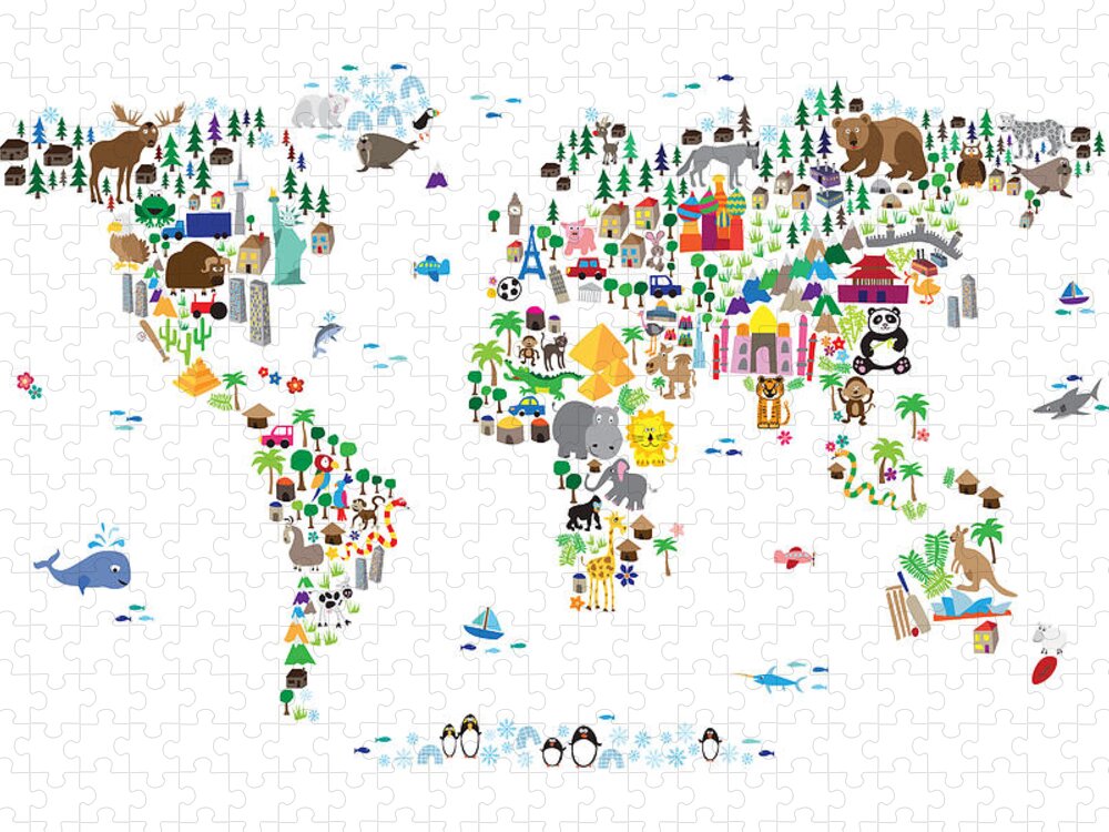 Map Of The World Puzzle featuring the digital art Animal Map of the World for children and kids by Michael Tompsett