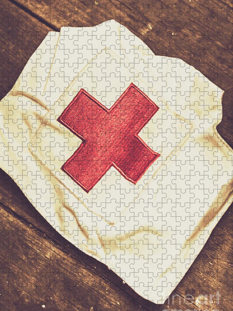 Hospital Jigsaw Puzzle featuring the photograph Antique nurses hat with red cross emblem by Jorgo Photography