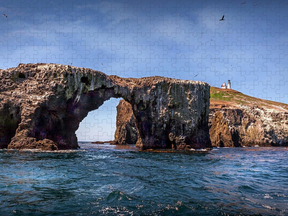 Arch Rock Jigsaw Puzzle featuring the photograph Arch Rock and Lighthouse #1 by Endre Balogh
