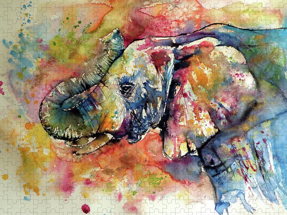 Elephant Jigsaw Puzzle featuring the painting Big colorful elephant by Kovacs Anna Brigitta