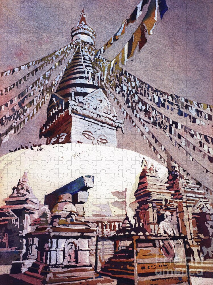 Architecture Blue Jigsaw Puzzle featuring the painting Buddhist Stupa- Nepal #1 by Ryan Fox