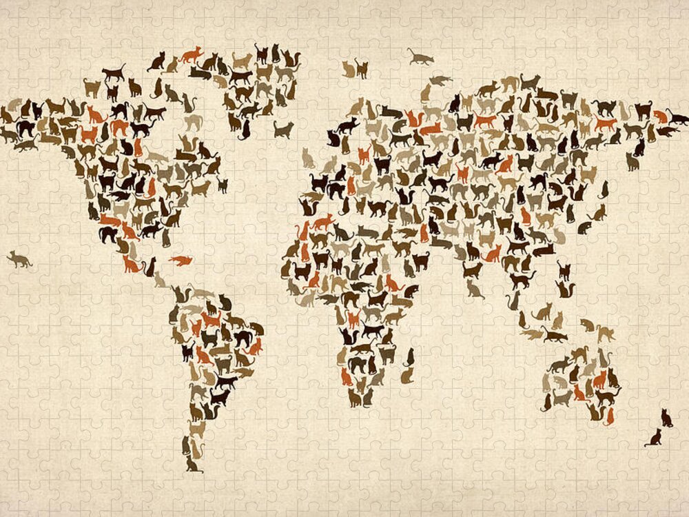 World Map Jigsaw Puzzle featuring the digital art Cats Map of the World Map by Michael Tompsett