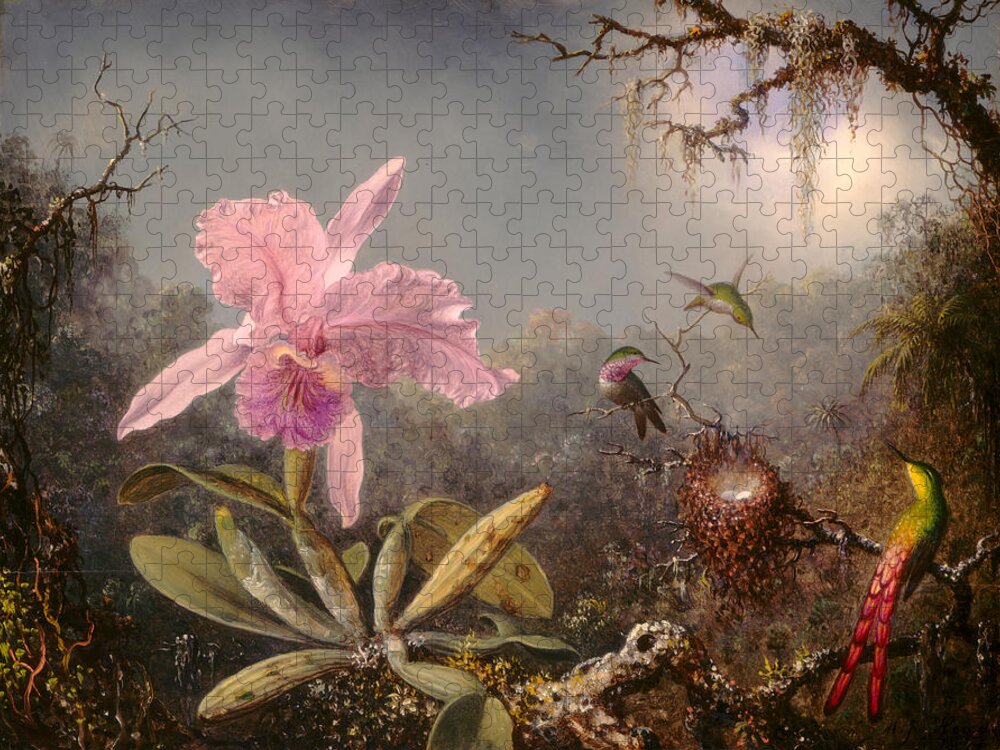 Martin Johnson Heade Jigsaw Puzzle featuring the painting Cattleya Orchid And Three Hummingbirds #1 by Martin Johnson Heade
