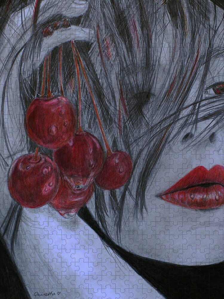 Portrait Jigsaw Puzzle featuring the drawing Cherry Kisses by Quwatha Valentine