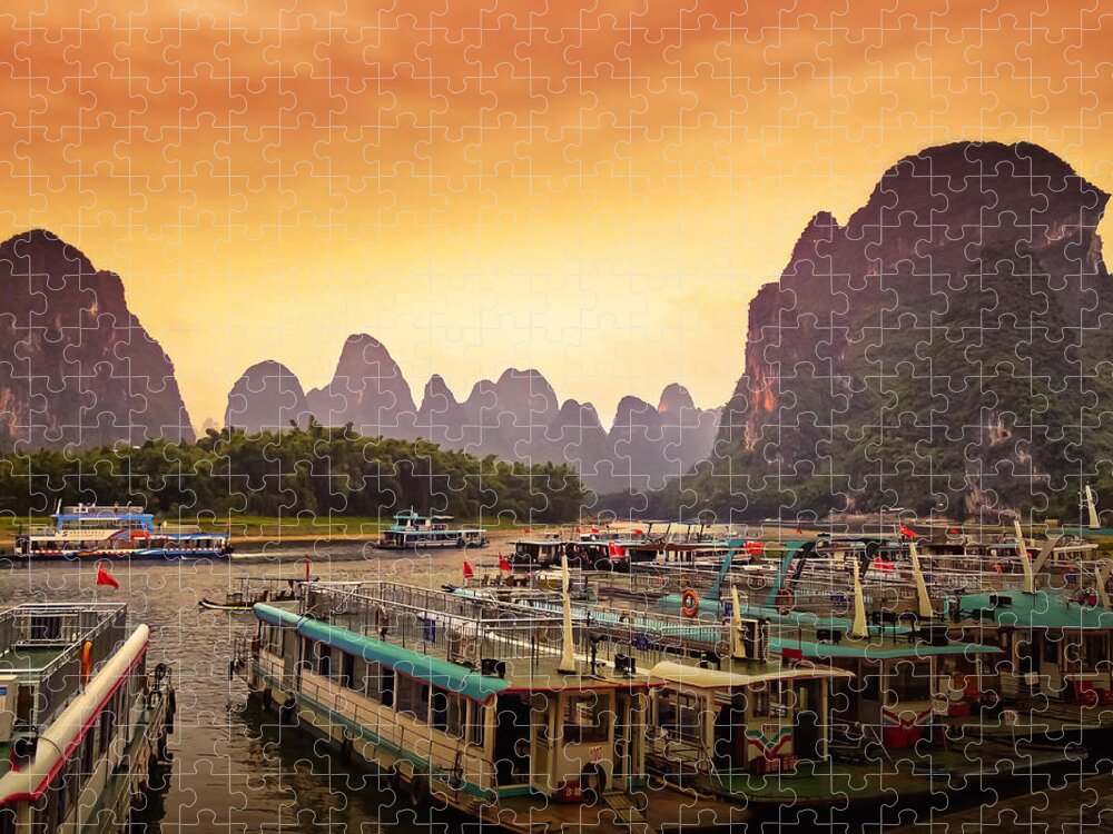 Sunset Jigsaw Puzzle featuring the photograph Boat watching the sun goes down-China Guilin scenery-Lijiang River in Yangshuo by Artto Pan