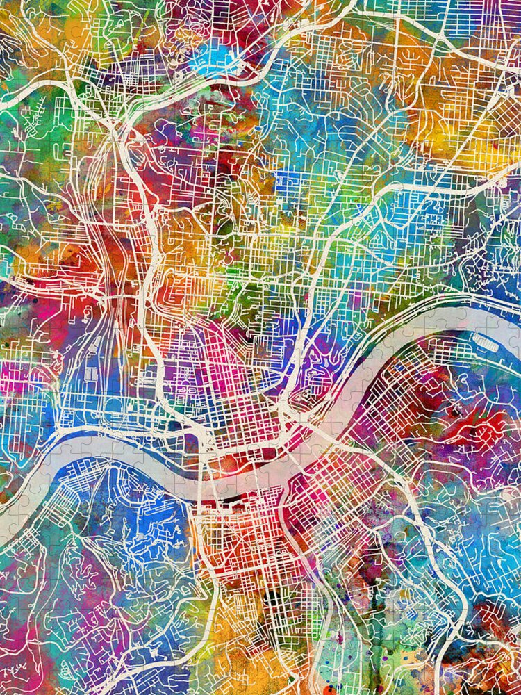 Cincinnati Jigsaw Puzzle featuring the digital art Cincinnati Ohio City Map #1 by Michael Tompsett