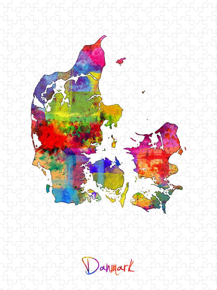 Map Art Jigsaw Puzzle featuring the digital art Denmark Watercolor Map #1 by Michael Tompsett