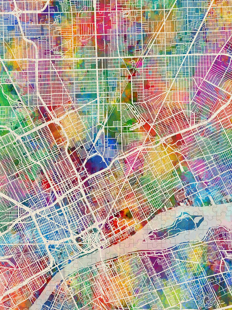 Detroit Jigsaw Puzzle featuring the digital art Detroit Michigan City Map #1 by Michael Tompsett