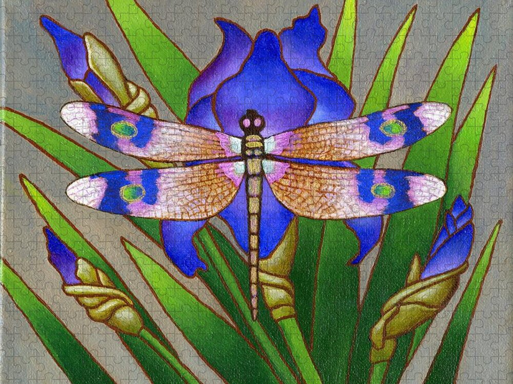 Dragonfly Jigsaw Puzzle featuring the painting Dragon Fly and Iris by Jane Whiting Chrzanoska