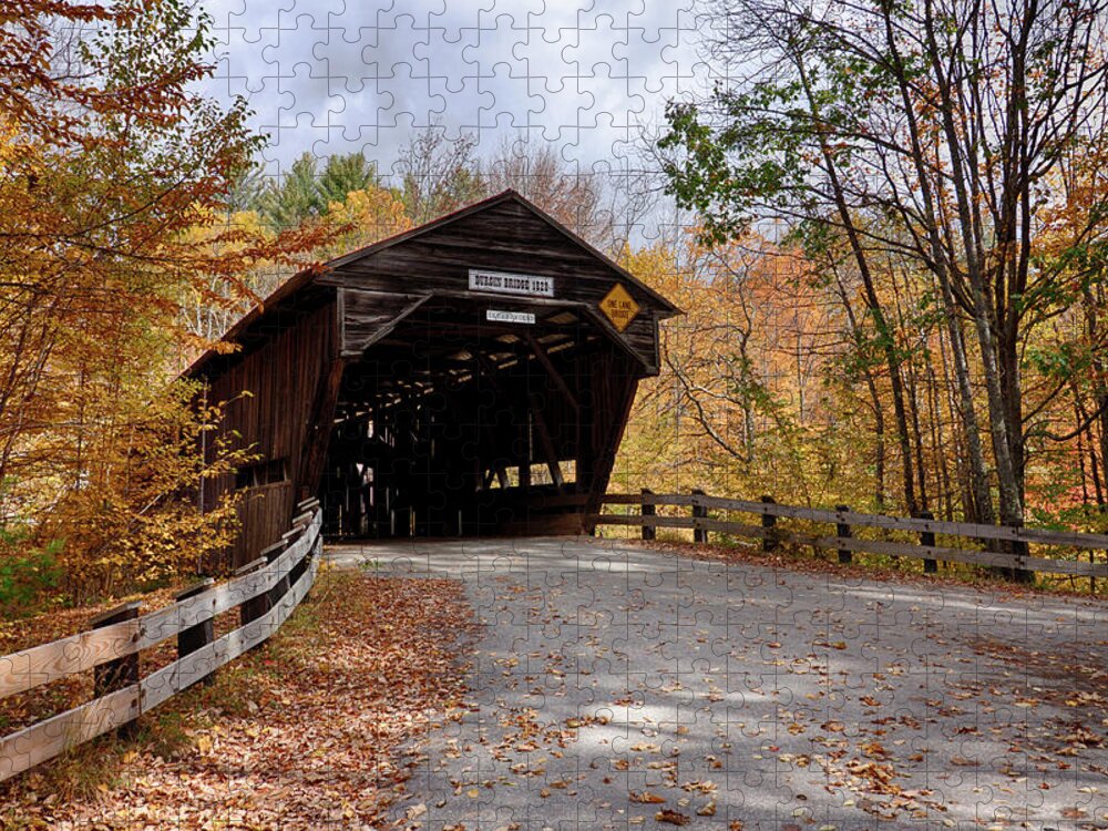 #jefffolger Jigsaw Puzzle featuring the photograph Fall colors over the Durgin Covered Bridge #1 by Jeff Folger