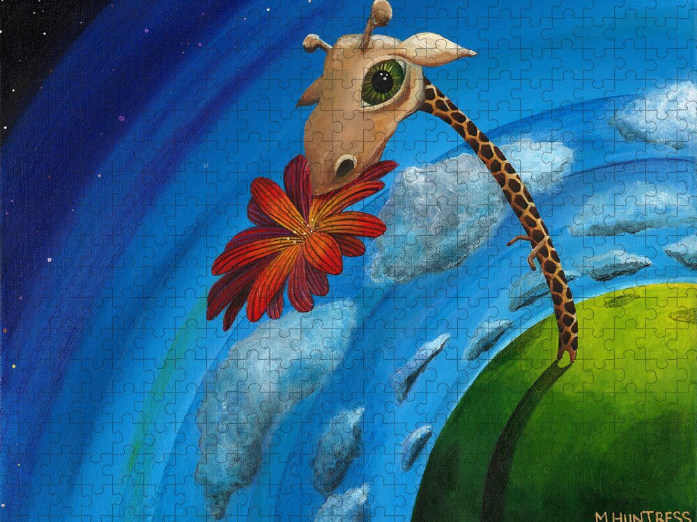 Giraffe Jigsaw Puzzle featuring the painting Reach For the Sky by Mindy Huntress