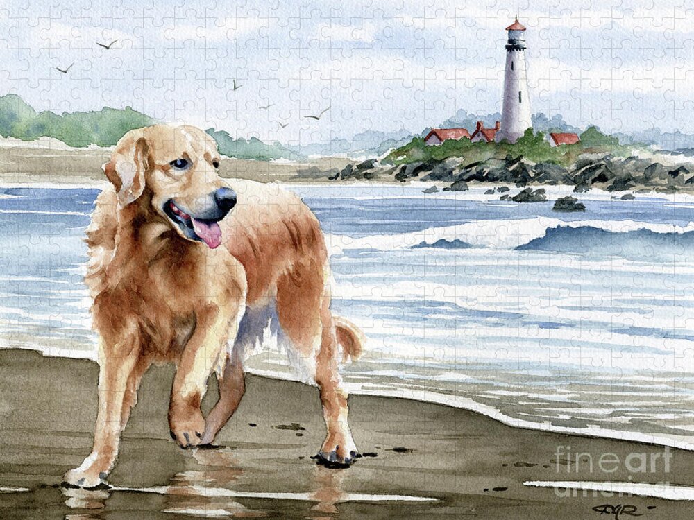 Golden Jigsaw Puzzle featuring the painting Golden Retriever at the Beach by David Rogers