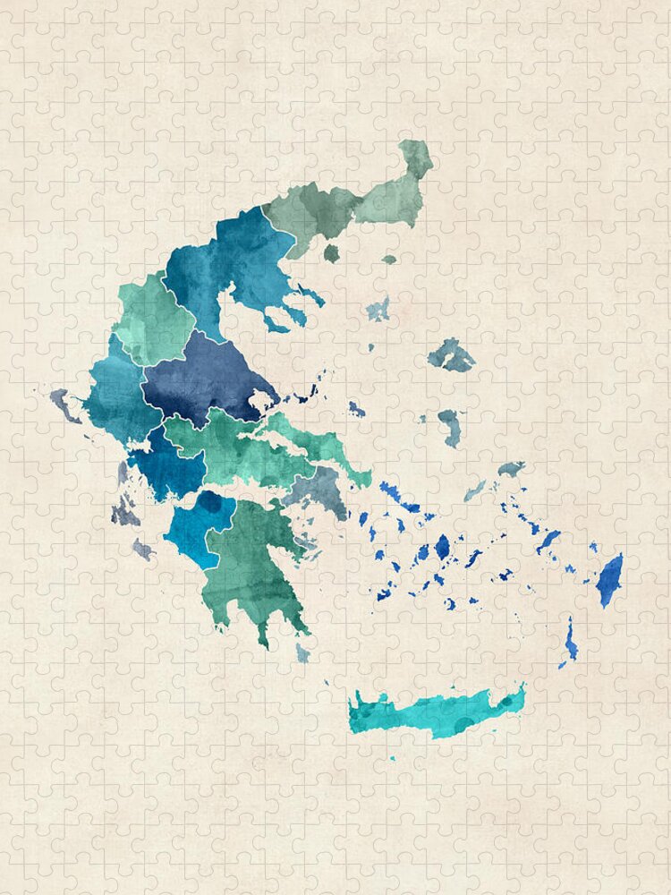 Map Art Jigsaw Puzzle featuring the digital art Greece Watercolor Map #1 by Michael Tompsett