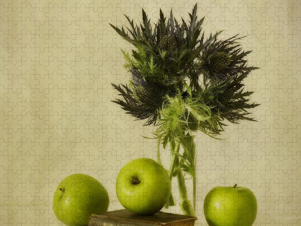 Apples Jigsaw Puzzle featuring the photograph Green Apples And Blue Thistles #1 by Priska Wettstein
