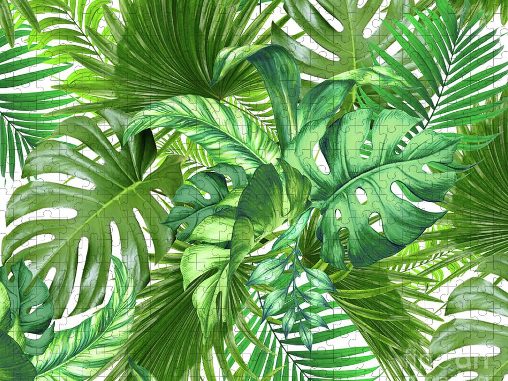 Tropical Leaves Jigsaw Puzzle featuring the painting Green Tropical Plant  by Mark Ashkenazi