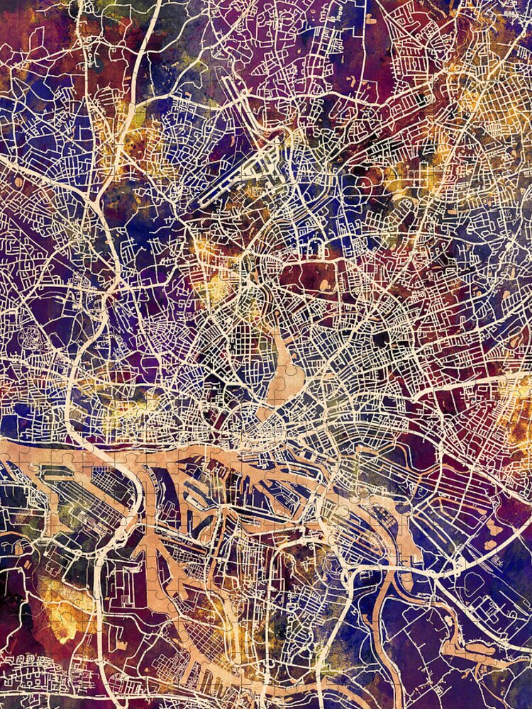 Hamburg Jigsaw Puzzle featuring the digital art Hamburg Germany City Map #1 by Michael Tompsett