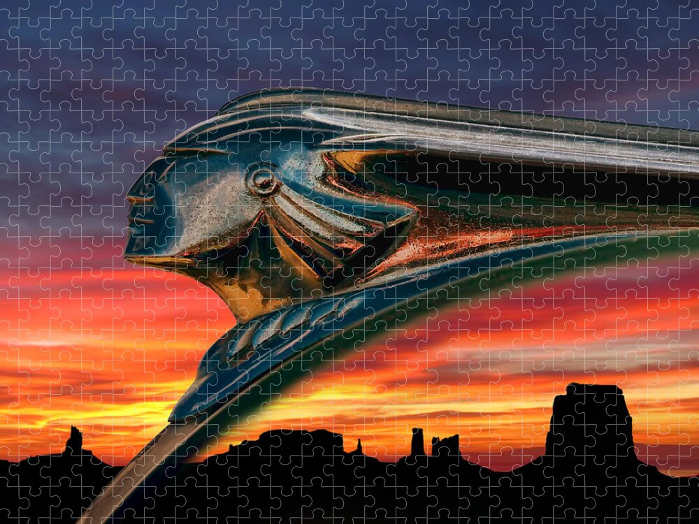 hood Orament Indian Mascot Pontiac Chrome monument Valley Sunset Landscape Dramatic Silhouette Fire Chief Automotive Auto Car Ornament Orange Mesa Canyon Jigsaw Puzzle featuring the digital art Indian Rainbow #1 by Douglas Pittman