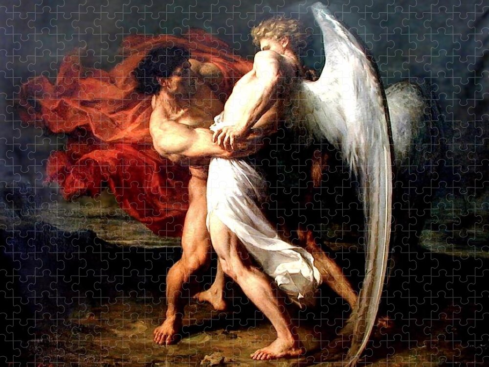 Jacob Jigsaw Puzzle featuring the painting Jacob Wrestling With The Angel by Alexander Louis Leloir