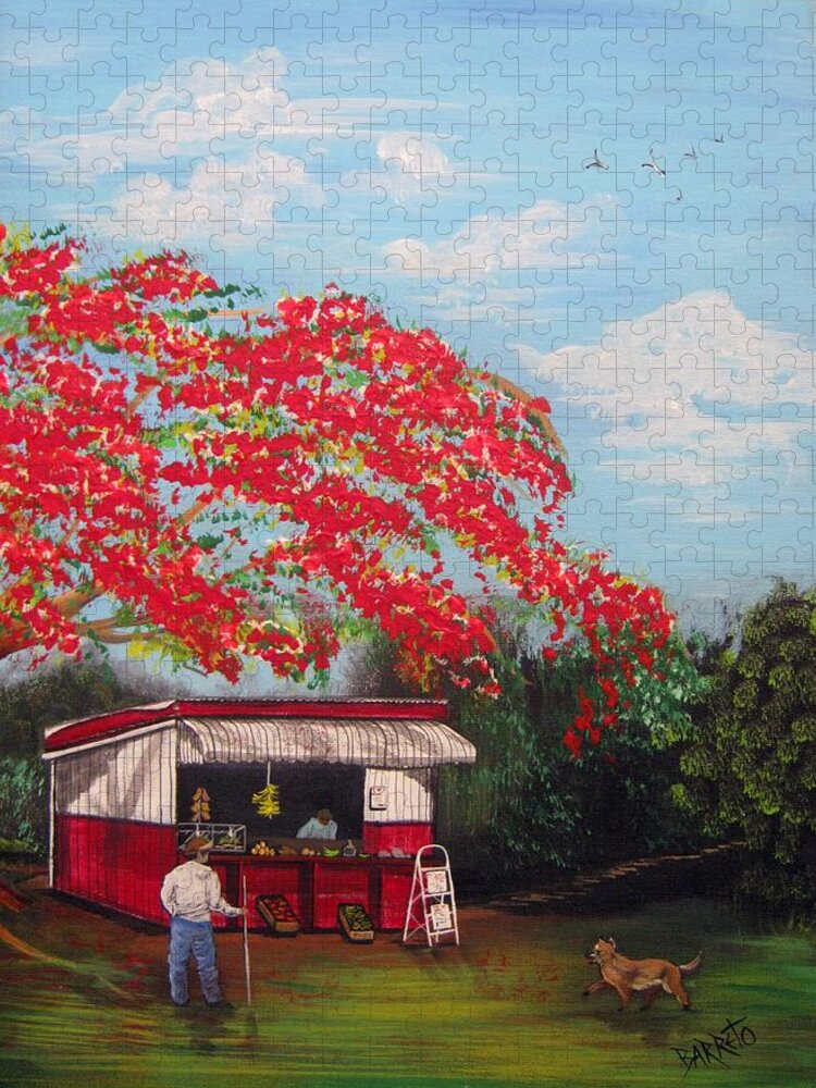 Flamboyant Jigsaw Puzzle featuring the painting La Tiendita by Gloria E Barreto-Rodriguez