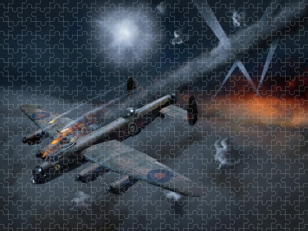 419 Squadron Rcaf Jigsaw Puzzle featuring the photograph Lancaster KB799 under fire by Gary Eason