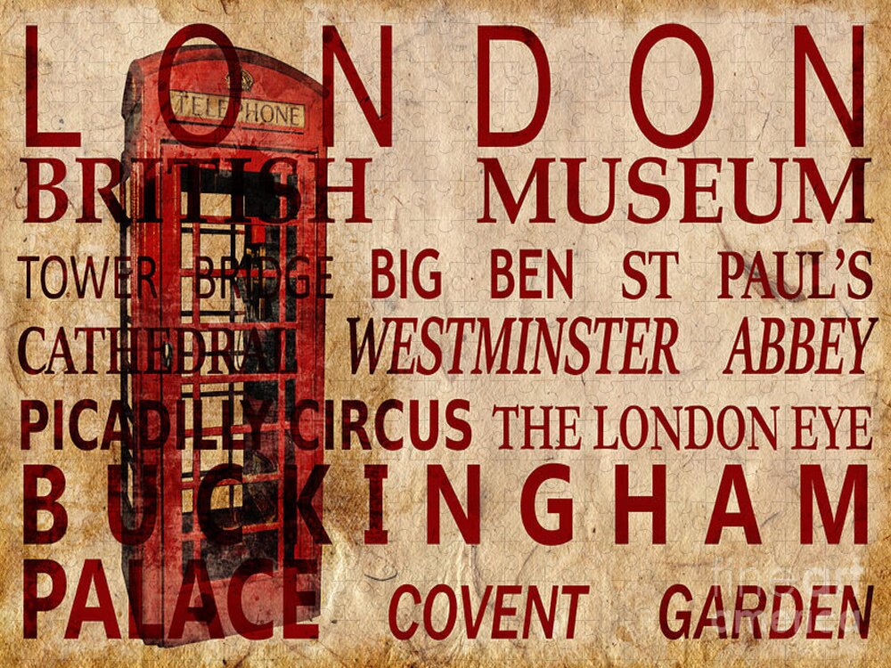 London Jigsaw Puzzle featuring the photograph London vintage poster red by Delphimages London Photography
