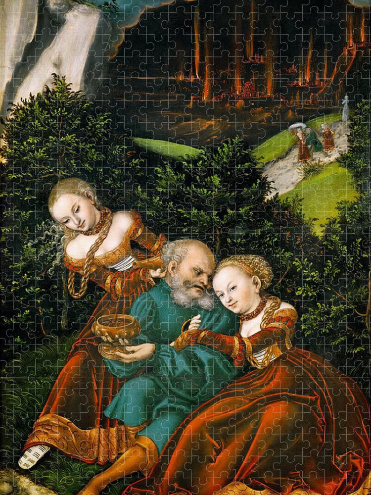 Lucas Cranach The Elder Jigsaw Puzzle featuring the painting Lot and his Daughters #2 by Lucas Cranach the Elder