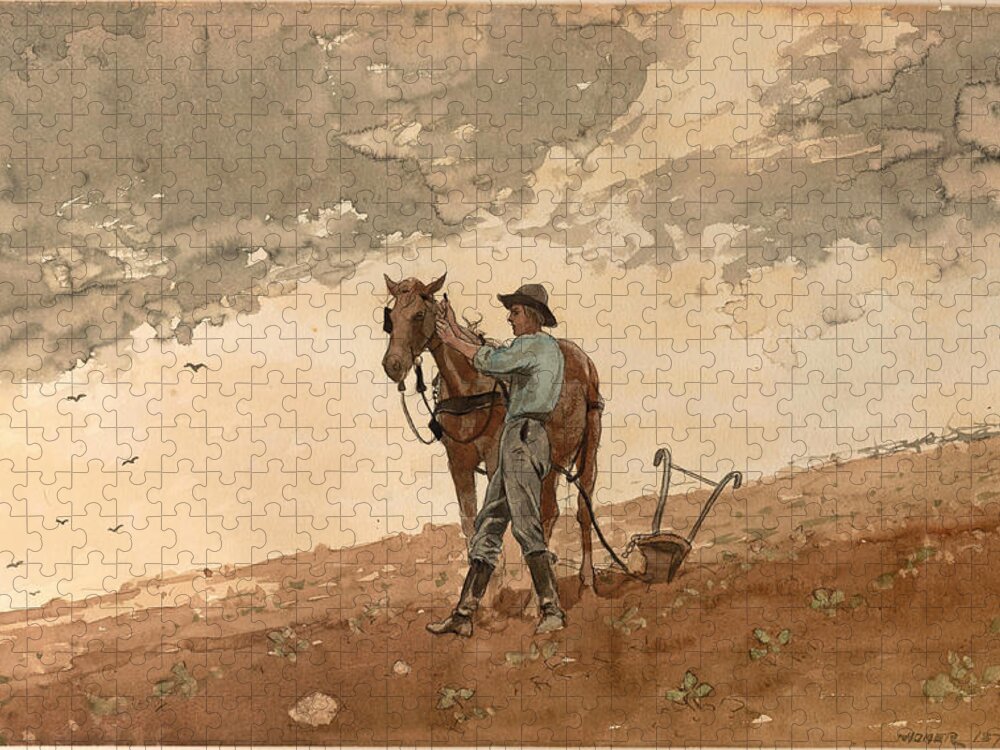 Winslow Homer Jigsaw Puzzle featuring the drawing Man with Plow Horse by Winslow Homer