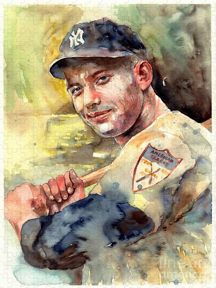 Mick Puzzle featuring the painting Mickey Mantle portrait by Suzann Sines