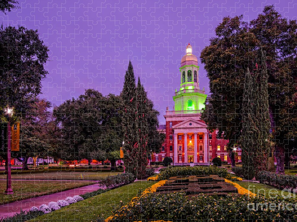 Waco Jigsaw Puzzle featuring the photograph Morning Twilight Shot of Pat Neff Hall from Founders Mall at Baylor University - Waco Central Texas #1 by Silvio Ligutti