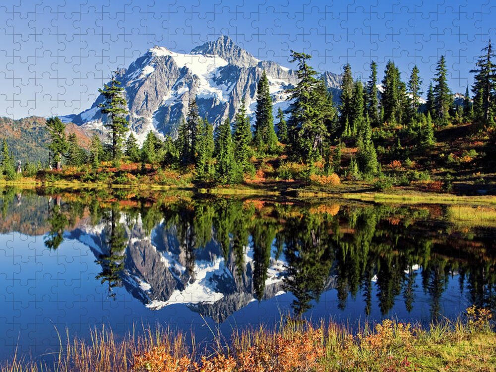 Shuksan Jigsaw Puzzle featuring the photograph Mount Shuksan reflected in Picture Lake in Fall #2 by Michael Russell