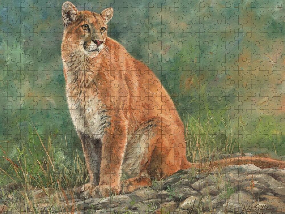 Mountain Lion Jigsaw Puzzle featuring the painting Mountain Lion #1 by David Stribbling